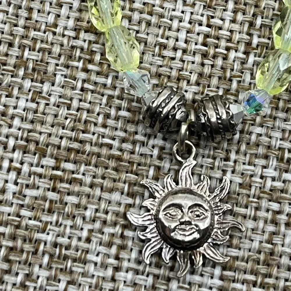 Vintage Handmade Silver Sun Pendant Necklace with Green Faceted Crystals
